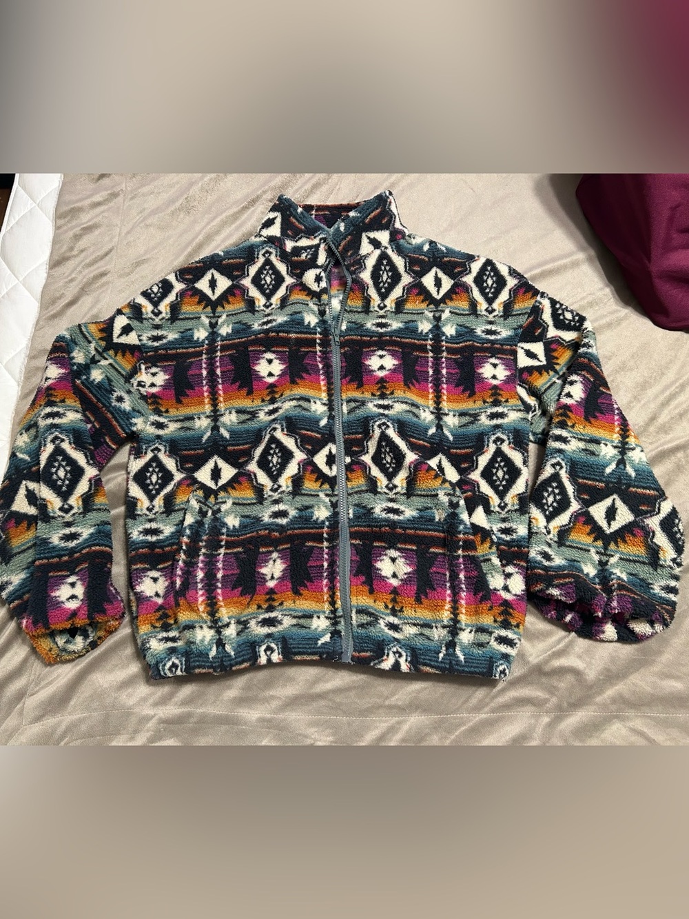 Colorful Aztec Print Zip-Up Fleece Jacket - Multicolor - Picture 2 of 7